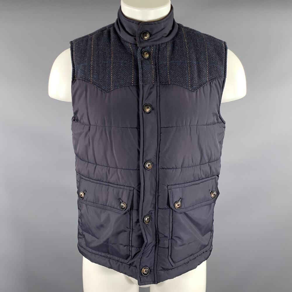 TED BAKER Size M Navy Gold & burgundy Herringbone Wool Blend Quilted Vest